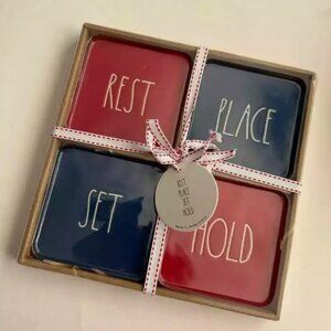 Last One! New Rae Dunn Ceramic 4 Pc Coaster Set Red and Blue Rest Set Hold Place